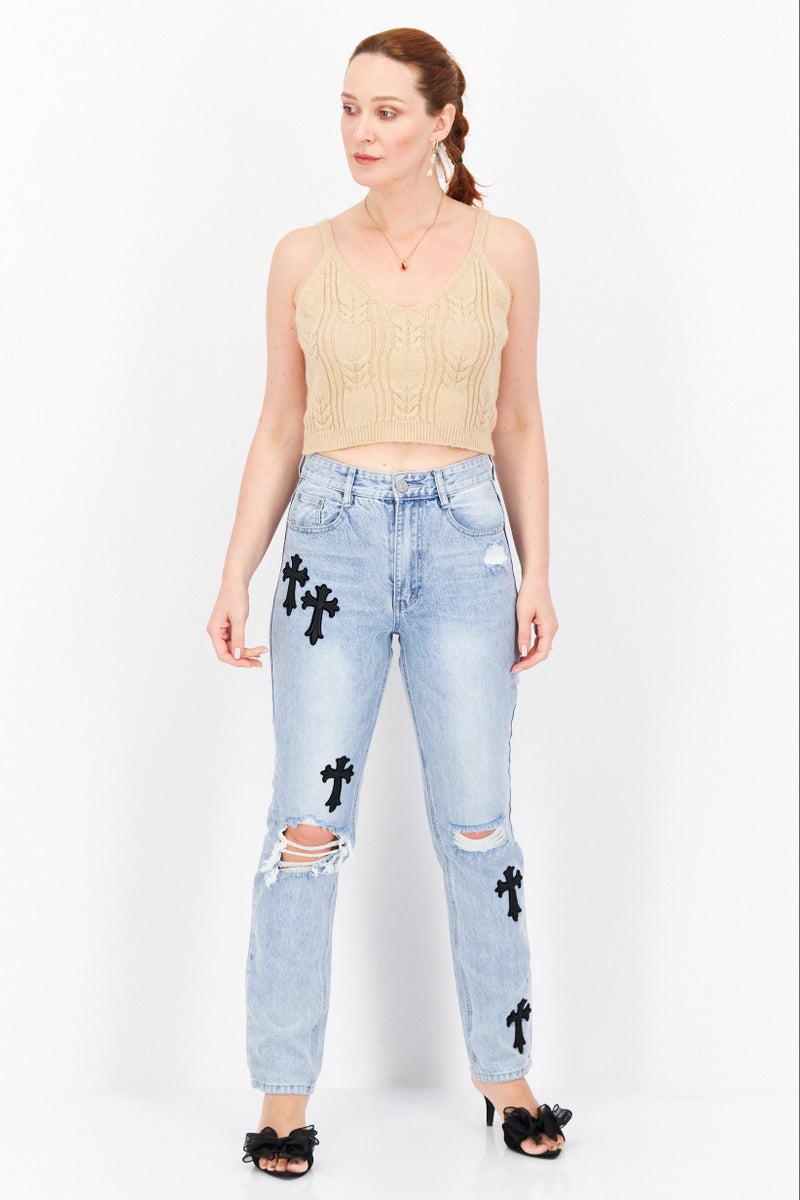 Mennace Women Regular Fit Rip Non-Stretchable Denim, Blue - Image 3