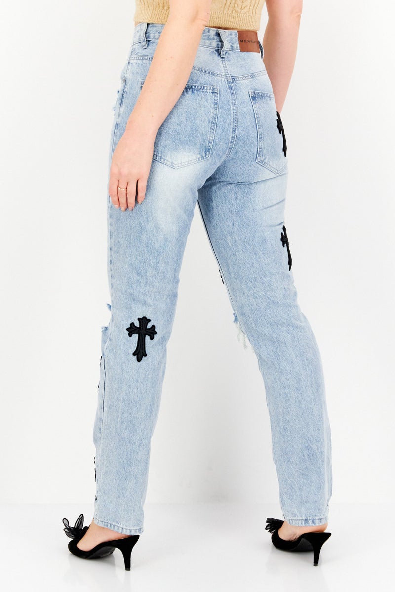 Mennace Women Regular Fit Rip Non-Stretchable Denim, Blue - Image 4