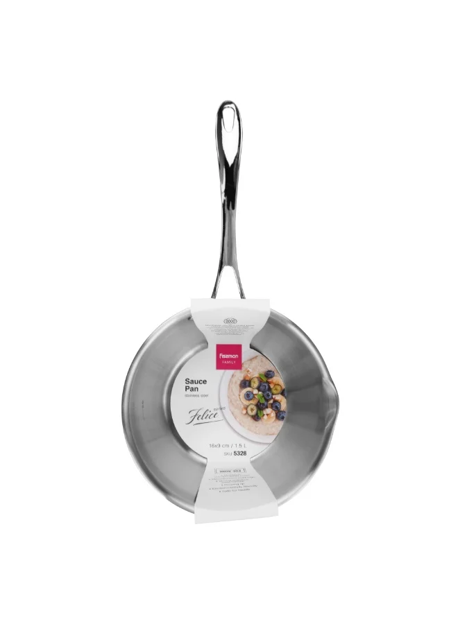 Fissman 1.5 Saucepan 1.5L with Measuring Mark, Stainless Steel Saucepan 16x9cm Felice Series, 18/10 Inox 304 Steel, Induction Bottom Compatible with all types of Stovetops  | Best Price UAE