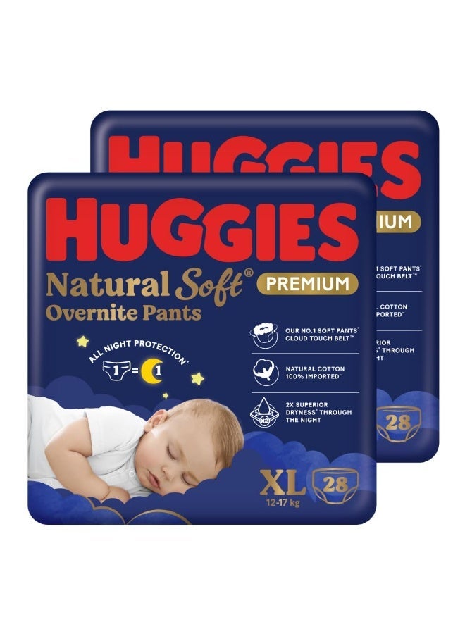 Huggies Natural Soft Overnite Diaper Pants| Premium Pant Style Baby Diapers Medium Size (XL Size | 12-17 Kgs), 28 count| Keeps baby dry all night with cloud softness all over (Pack of 2) - Image 1