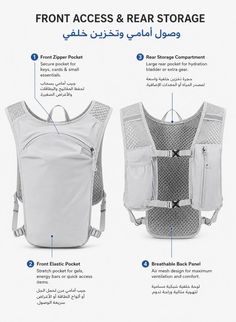 fdsport 5L Running Hydration Vest Backpack, Breathable Mesh Race Pack with Adjustable Dual Chest Straps, Phone Pocket, Soft Flask Pockets and Hydration Reservoir Compartment for Trail Running, Marathon, Cycling and Hiking, Grey, Vest Only - Image 2