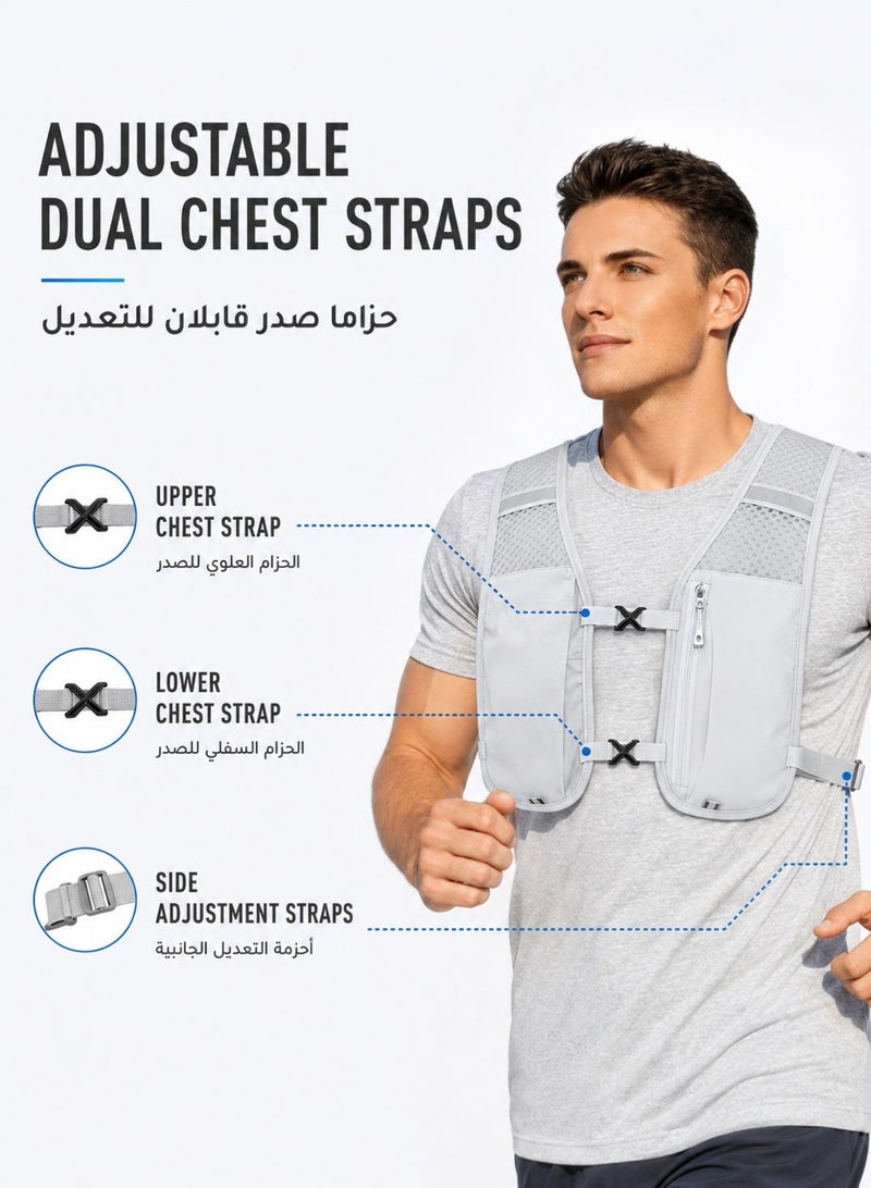fdsport 5L Running Hydration Vest Backpack, Breathable Mesh Race Pack with Adjustable Dual Chest Straps, Phone Pocket, Soft Flask Pockets and Hydration Reservoir Compartment for Trail Running, Marathon, Cycling and Hiking, Grey, Vest Only - Image 4