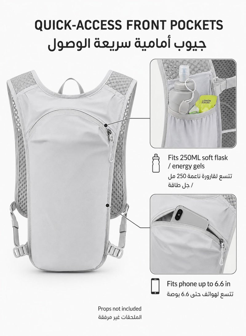 fdsport 5L Running Hydration Vest Backpack, Breathable Mesh Race Pack with Adjustable Dual Chest Straps, Phone Pocket, Soft Flask Pockets and Hydration Reservoir Compartment for Trail Running, Marathon, Cycling and Hiking, Grey, Vest Only - Image 5