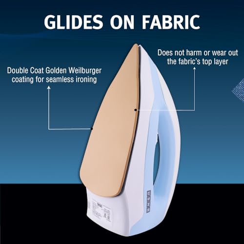 USHA EI 3802 1000W مكواة جافة مع طبقة مزدوجة من نعل Golden Weilburger, سلك دوار بزاوية 180°, محدد قماش سهل وحماية من السخونة الزائدة (أزرق/أبيض) - Image 3
