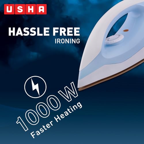 USHA EI 3802 1000W مكواة جافة مع طبقة مزدوجة من نعل Golden Weilburger, سلك دوار بزاوية 180°, محدد قماش سهل وحماية من السخونة الزائدة (أزرق/أبيض) - Image 2