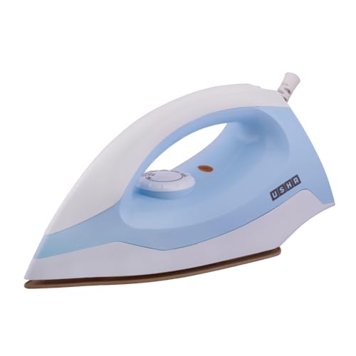 USHA EI 3802 1000W مكواة جافة مع طبقة مزدوجة من نعل Golden Weilburger, سلك دوار بزاوية 180°, محدد قماش سهل وحماية من السخونة الزائدة (أزرق/أبيض) - Image 1