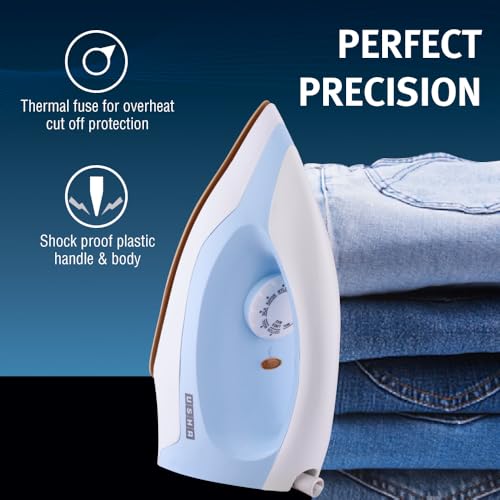 USHA EI 3802 1000W مكواة جافة مع طبقة مزدوجة من نعل Golden Weilburger, سلك دوار بزاوية 180°, محدد قماش سهل وحماية من السخونة الزائدة (أزرق/أبيض) - Image 5