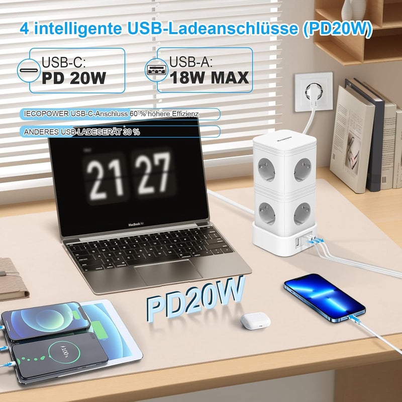 IECOPOWER Power Strip 5 m with Surge Protection - PD20W 4 USB ports - 4000W/16A with Switch - White - Image 3
