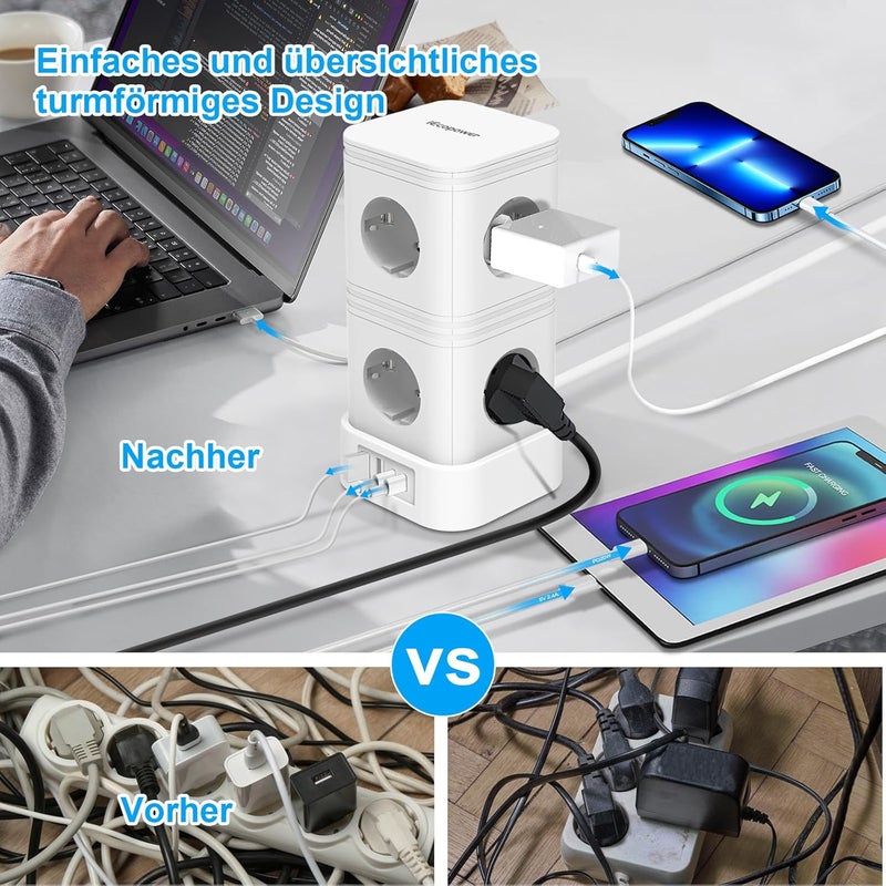 IECOPOWER Power Strip 5 m with Surge Protection - PD20W 4 USB ports - 4000W/16A with Switch - White - Image 5
