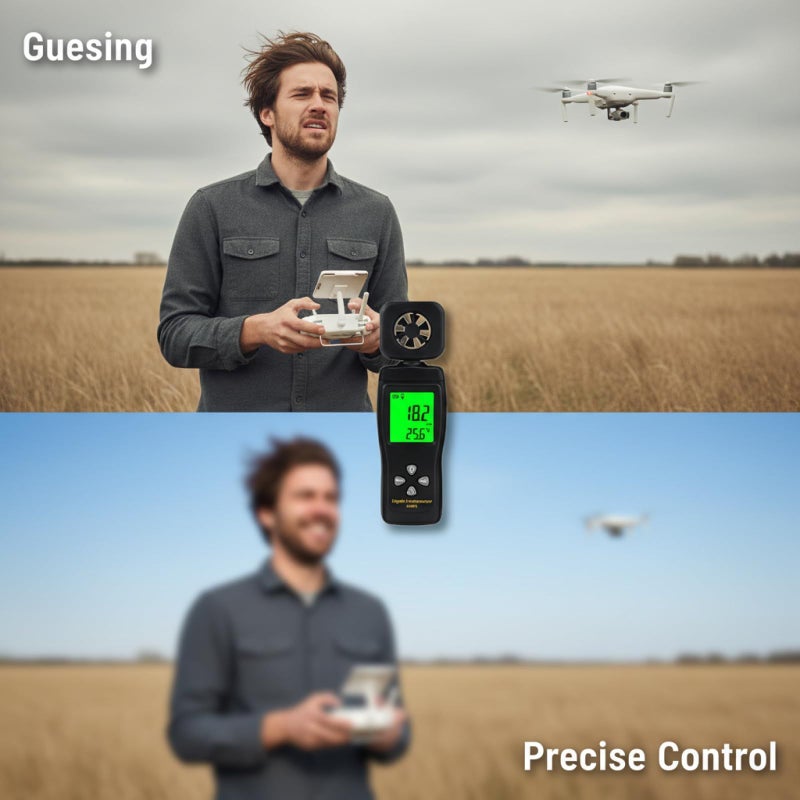 مقياس شدة الرياح الرقمي المحمول، مقياس سرعة الهواء مع ريشة معدنية، شاشة LCD بإضاءة خلفية، مقياس حرارة للتدفئة والتهوية وتكييف الهواء، مناسب لمحطات الأرصاد الجوية والإبحار، بحجم جيب. - Image 4