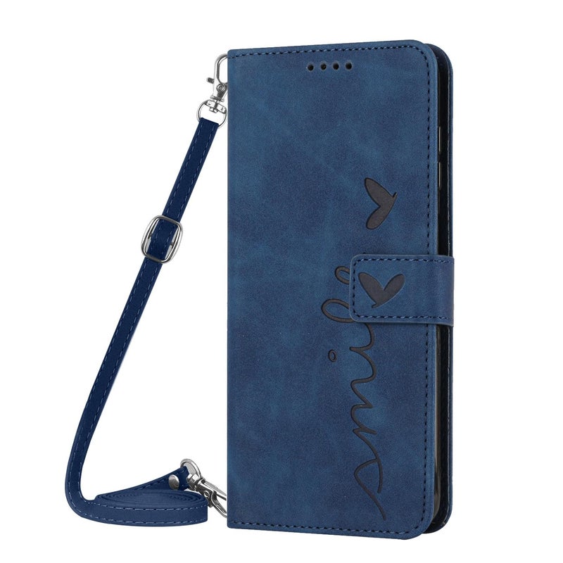 HuHa Case Cover For Motorola Moto G05 Skin Feel Heart Embossed Leather Phone Case with Long Lanyard(Blue) - Image 2