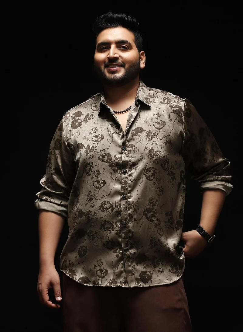 Instafab Plus Instafab Plus Men's Wenge Brown Faded-Flora Jacquard Shirt | Spread Collar , Long Cuffed Sleeves , Button Closure , Curved Hemline | Botanical Jacquard Cotton-Blend Material For Casual & Evening Wear