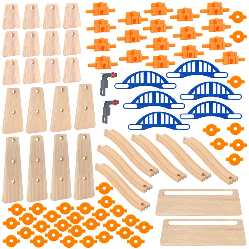 Orbrium Wooden Train Track Accessories Build  Play Construction Set 90 PCS Ultimate Elevated Railway STEM Toys Track Expansion Pack Ascending Tracks Risers Bridges Tunnel Stop Go Gate Compatible Thomas Brio - Image 2