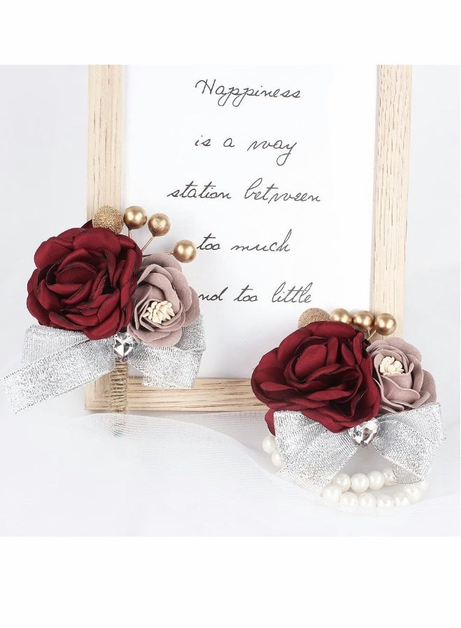 Generic Wrist Corsage,Corsage and Boutonniere Set, Bridesmaid Wedding Flower Corsages and Hand Flower Set of 2,  Rose Wrist Corsage Ribbon Bracelet for Wedding Prom Party, Artificial Flower (Red)  - Image 2