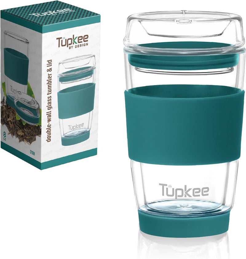 Tupkee كوب زجاجي مزدوج الجدار - 8 أونصات، كوب شاي/قهوة معزول قابل لإعادة الاستخدام بالكامل من الزجاج مع غطاء، كوب سفر زجاجي منفوخ يدويًا - سماوي - Image 1