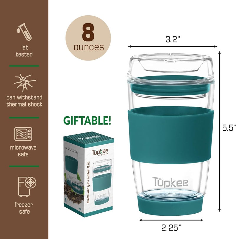 Tupkee كوب زجاجي مزدوج الجدار - 8 أونصات، كوب شاي/قهوة معزول قابل لإعادة الاستخدام بالكامل من الزجاج مع غطاء، كوب سفر زجاجي منفوخ يدويًا - سماوي - Image 5