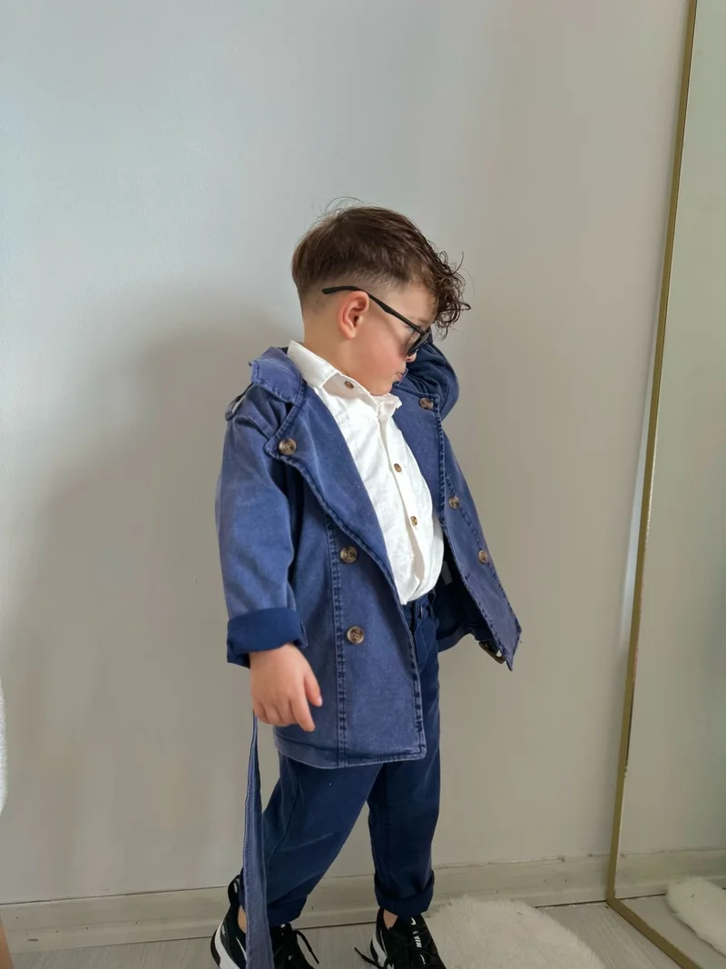 Miniğimin Cicileri My Little Ones Buttoned Boy Trench Coat Trousers and Shirt Combination - Blue