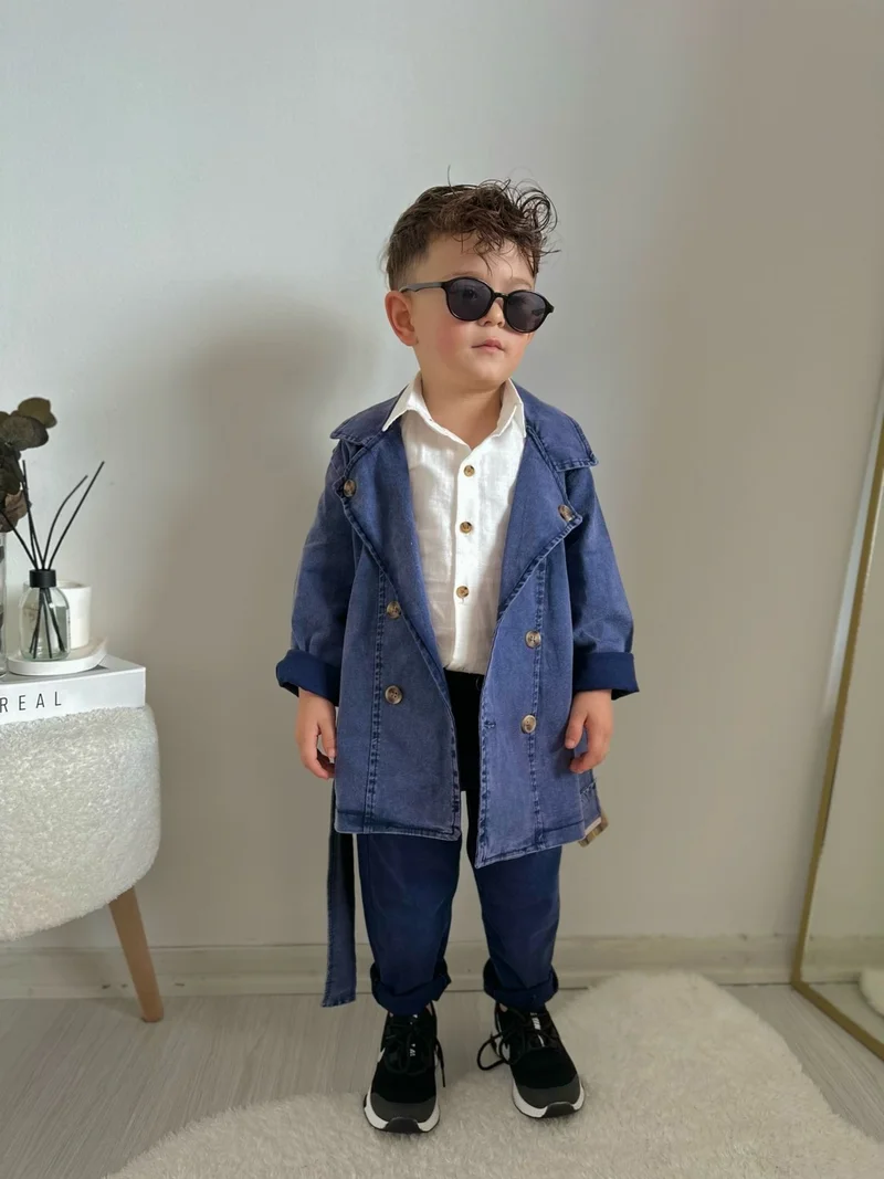 Miniğimin Cicileri My Little Ones Buttoned Boy Trench Coat Trousers and Shirt Combination - Blue