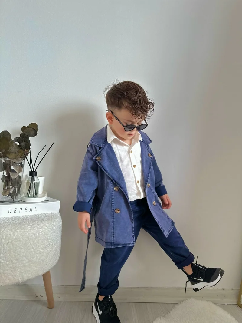 Miniğimin Cicileri My Little Ones Buttoned Boy Trench Coat Trousers and Shirt Combination - Blue