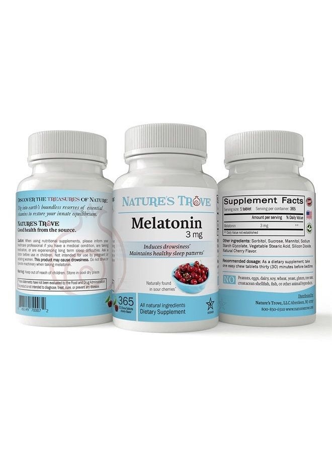 Nature's Trove - Melatonin 3mg Chewable, 365 Chewable Melatonin Cherry Flavor Tablets, by Nature's Trove - Image 1
