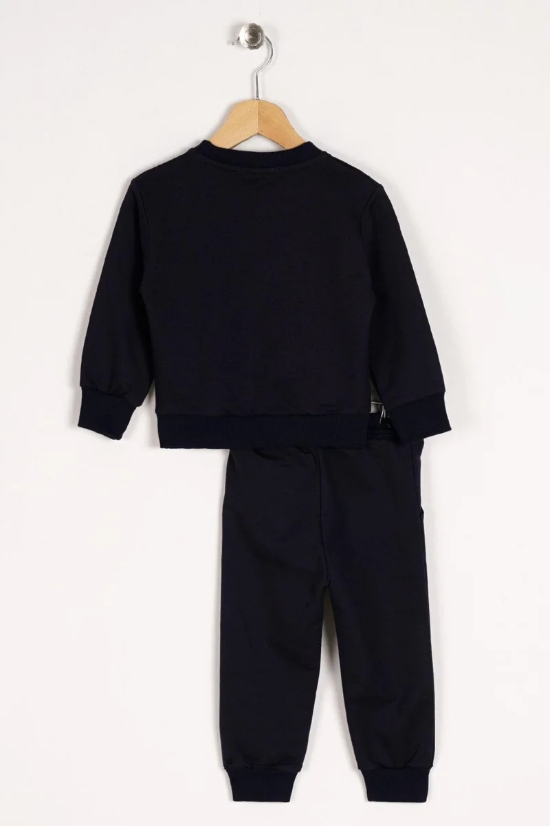 Zepkids Crew Neck Long Sleeve Hooray Printed Navy Blue Color Boy's Two Piece Suit