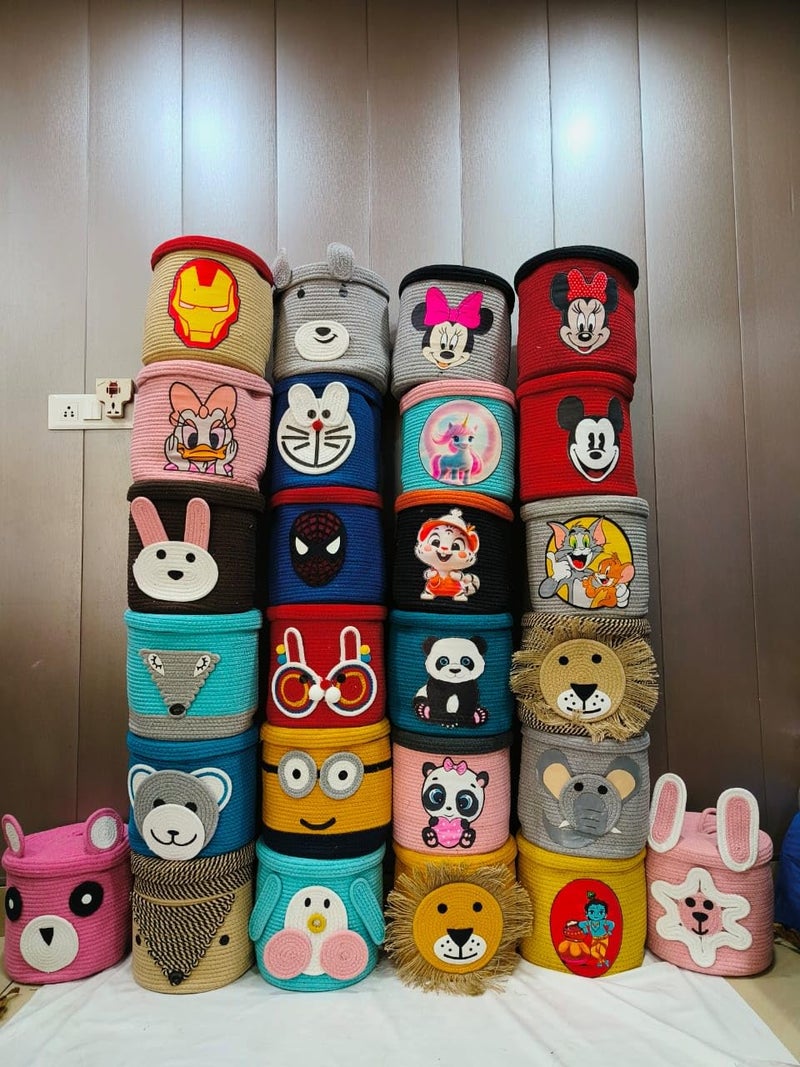 Ritvik Decor Kids Lid Basket With Beautiful Characters - Rope Storage Basket For Baby Diaper, Stuffed Animal Storage Bin Rope Basket For Kids Toy, Baby Laundry Baskets with Lid (Pink Rabbit) - Image 3