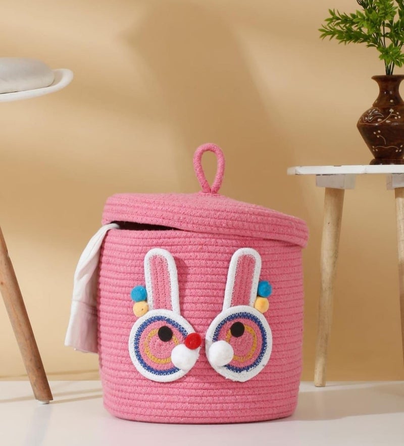 Ritvik Decor Kids Lid Basket With Beautiful Characters - Rope Storage Basket For Baby Diaper, Stuffed Animal Storage Bin Rope Basket For Kids Toy, Baby Laundry Baskets with Lid (Pink Rabbit) - Image 1