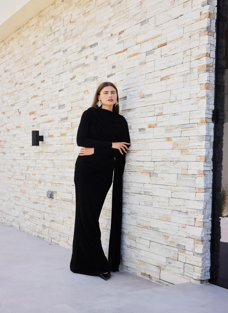 Ashita Fernandes  Ruched Draped Column Dress – Black for Women | Best Price UAE