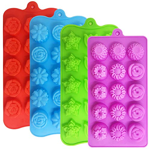 DanziX 4 PACK Flower Shape Chocolate Candy Molds Set,DanziX Silicone 15 Cavity Baking Mold Ice Cube Tray for Wedding,Festival,Parties and DIY Crafts-Green,Blue,Red and Purple - Image 1