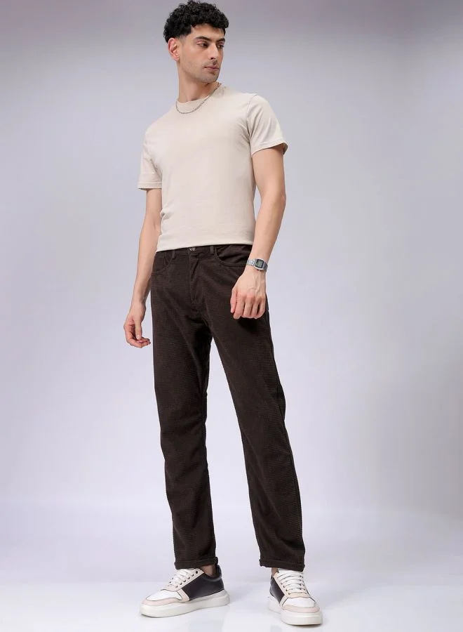 The Indian Garage Co Men Straight Fit Solid Mid-Rise Corduroy Casual Trousers
