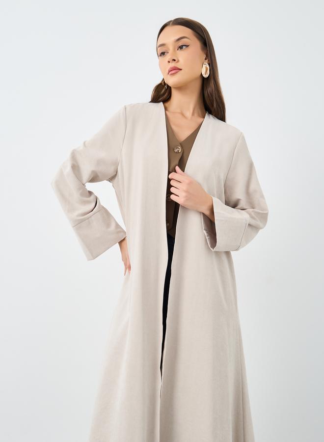 ستايلي عباية مفتوحة من الأمام بلون بيج ومظهر جلد السويد - Image 3