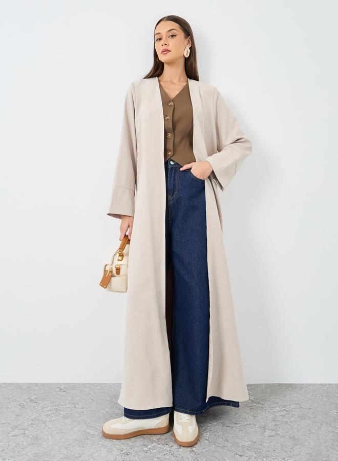 ستايلي عباية مفتوحة من الأمام بلون بيج ومظهر جلد السويد - Image 1