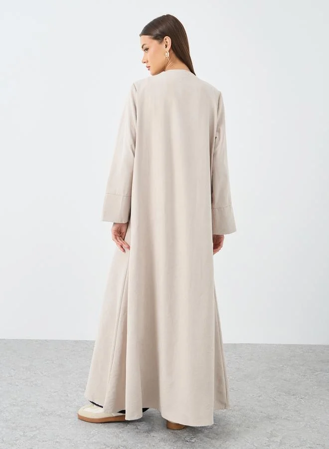 Styli Styli Beige Suede Look Front Open Abaya