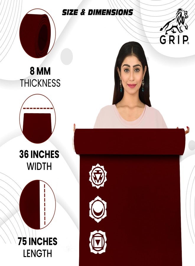 Grip Yoga Mat | 36 x 75 Inches | 8mm Thick | 7 Chakras Design | Anti-Slip | Home & Gym | Men & Women | Cherry Color - Image 2