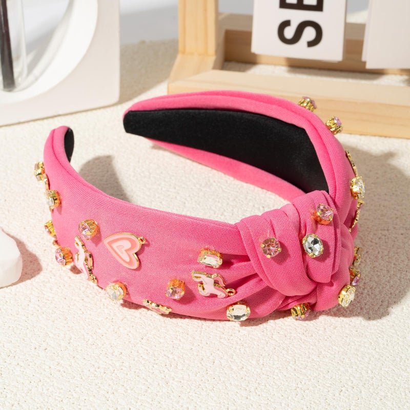 PANTIDE Pink Pony Club Jeweled Knotted Headband - Cowgirl Hat Rhinestone Embellished Headband Wide Top Knot Fashion Hairband Hair Accessories Bachelorette Party Birthday Gift for Women Girls (Pink) - Image 4