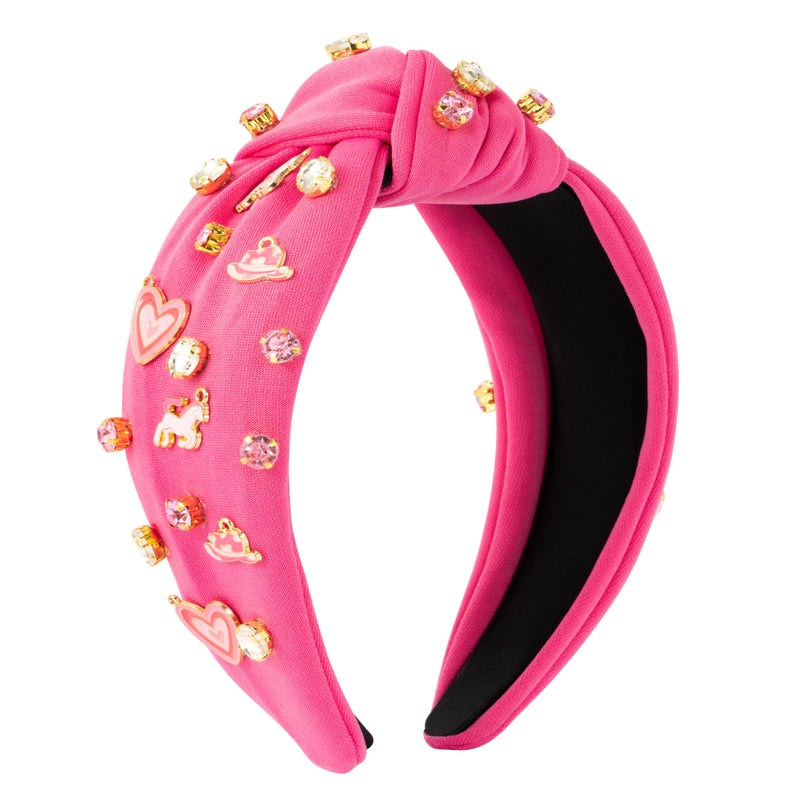 PANTIDE Pink Pony Club Jeweled Knotted Headband - Cowgirl Hat Rhinestone Embellished Headband Wide Top Knot Fashion Hairband Hair Accessories Bachelorette Party Birthday Gift for Women Girls (Pink) - Image 1