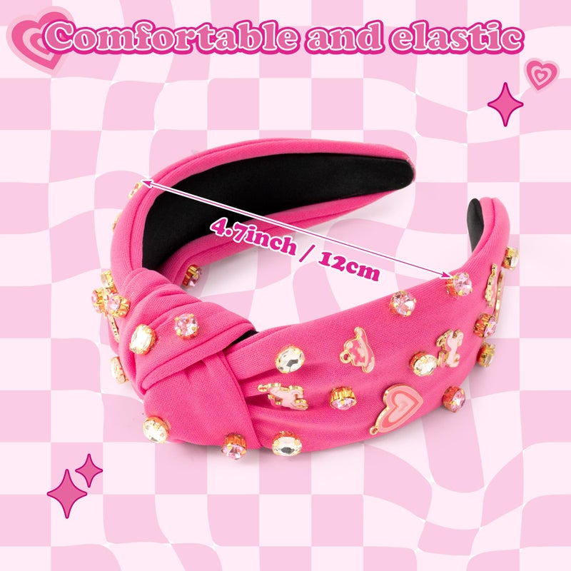PANTIDE Pink Pony Club Jeweled Knotted Headband - Cowgirl Hat Rhinestone Embellished Headband Wide Top Knot Fashion Hairband Hair Accessories Bachelorette Party Birthday Gift for Women Girls (Pink) - Image 2