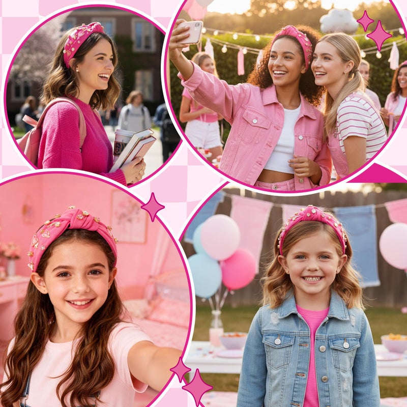 PANTIDE Pink Pony Club Jeweled Knotted Headband - Cowgirl Hat Rhinestone Embellished Headband Wide Top Knot Fashion Hairband Hair Accessories Bachelorette Party Birthday Gift for Women Girls (Pink) - Image 5