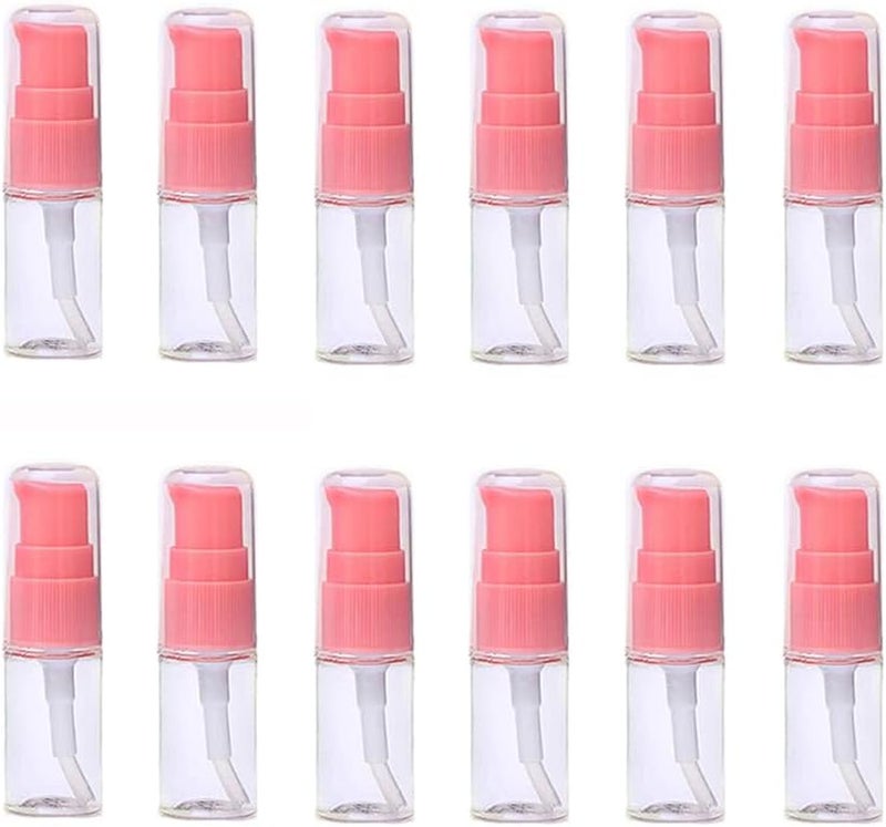 QUUPY 12Pcs 10ml/0.34oz Clear Lotion Pump Bottle with Pink Press Pump Head Empty Refillable Travel Bottles Toiletries Liquid Container Vials for Cosmetic Makeup Shampoo Shower Gel