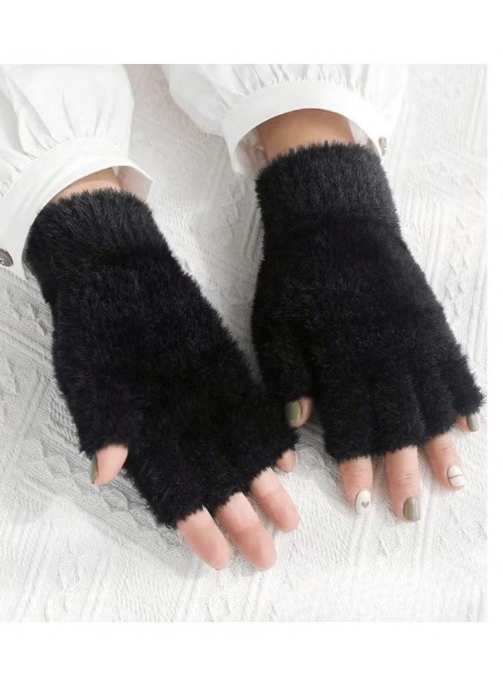 Women's Winter Fingerless Gloves Made of High-Quality Soft Knitted Fabric with Luxurious Faux Fur Details in Black, Adding a Sophisticated and Elegant Touch to Your Winter Look - Image 1