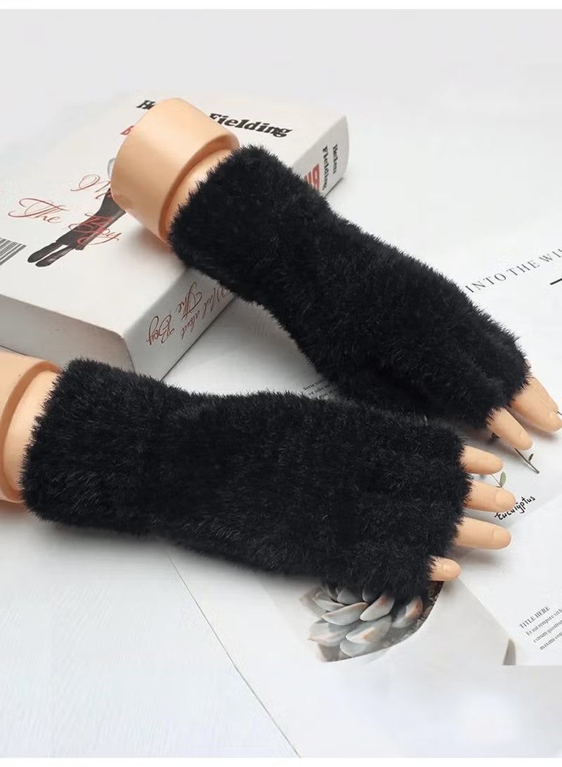 Women's Winter Fingerless Gloves Made of High-Quality Soft Knitted Fabric with Luxurious Faux Fur Details in Black, Adding a Sophisticated and Elegant Touch to Your Winter Look - Image 3