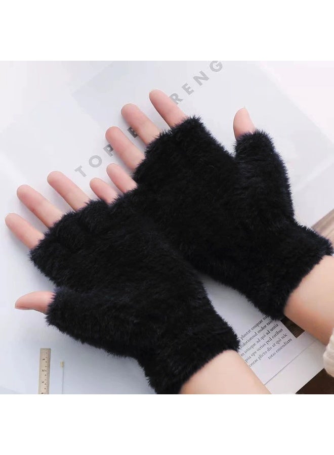 Women's Winter Fingerless Gloves Made of High-Quality Soft Knitted Fabric with Luxurious Faux Fur Details in Black, Adding a Sophisticated and Elegant Touch to Your Winter Look - Image 4