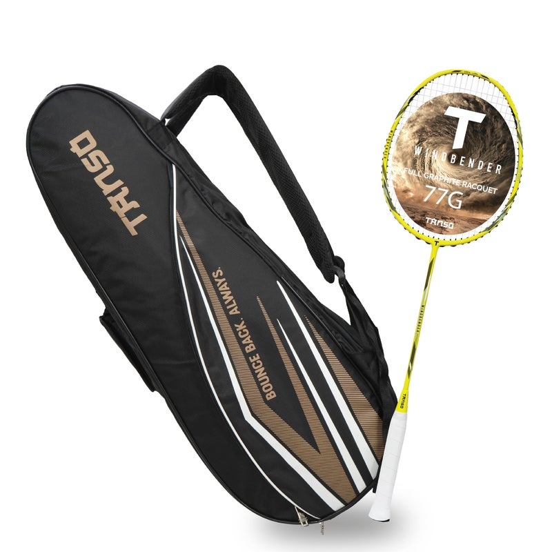 TANSO Windbender Full Graphite Ultra Light Weight Badminton Racquet with T-Blast Badminton Kit Bag (32 Lbs Tension, 680 mm Long, 77 Grams, Strung with Premium Strings) - Image 5