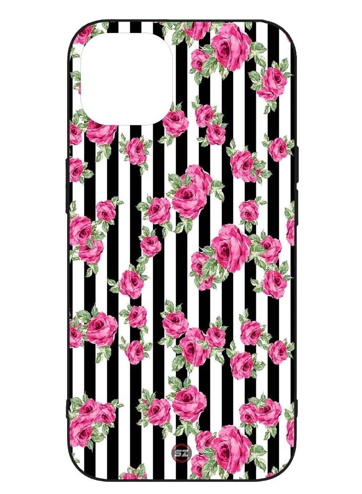 Protective Printed Mobile Cover Beautiful Pink Rose With Black and White Strape For Apple iPhone 14 Pro Max