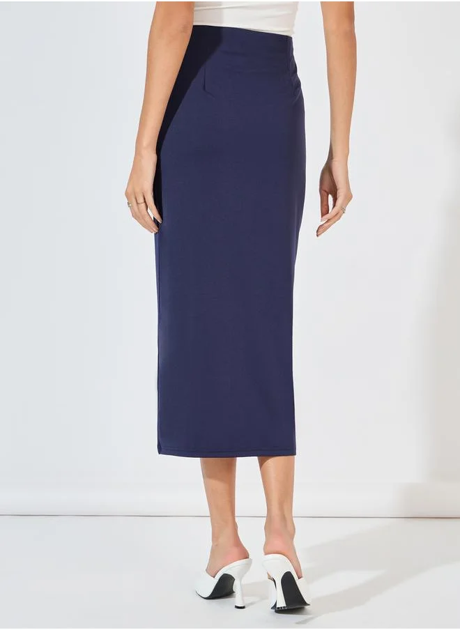 Styli Button Detail Midi Skirt with Split Hem