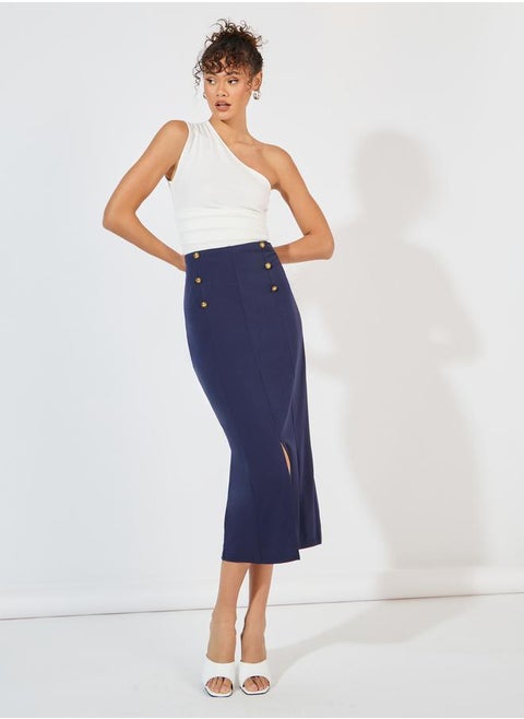 Button Detail Midi Skirt with Split Hem