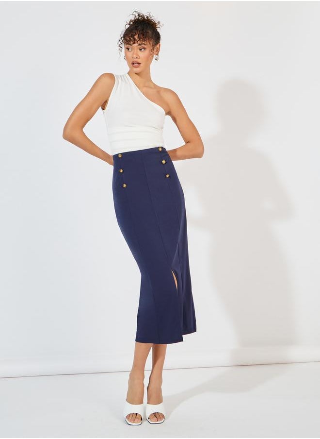 Styli Button Detail Midi Skirt with Split Hem  - Image 1