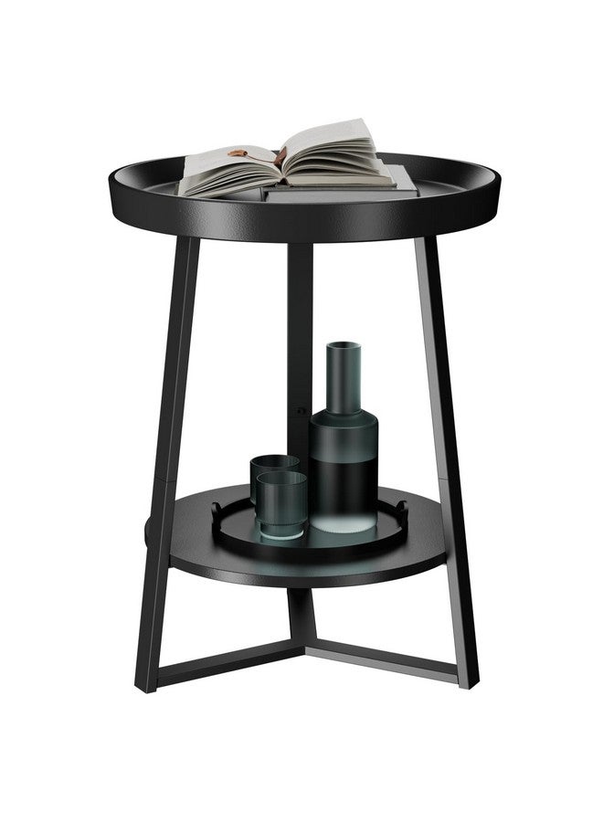 Gadroad Round End Table with Storage Shelf, 2 Tier Farmhouse Side Table Nightstand for Living Room, Bedroom, Wood Tabletop & Black Metal Frame, Black 15.7 * 15.7 * 23.0inches - Image 1