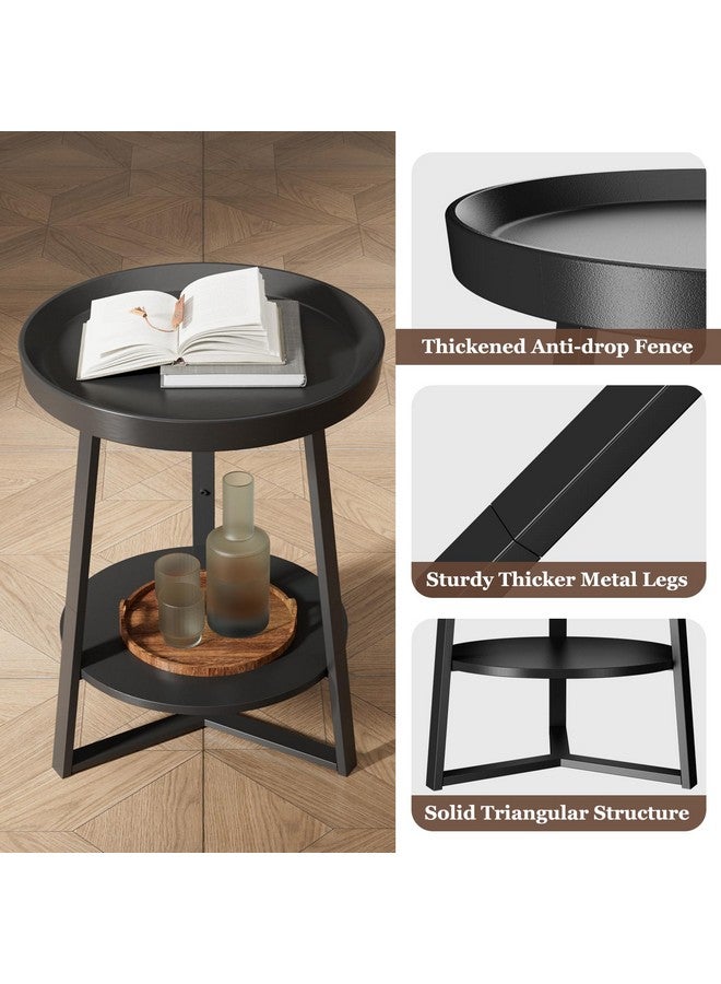 Gadroad Round End Table with Storage Shelf, 2 Tier Farmhouse Side Table Nightstand for Living Room, Bedroom, Wood Tabletop & Black Metal Frame, Black 15.7 * 15.7 * 23.0inches - Image 3