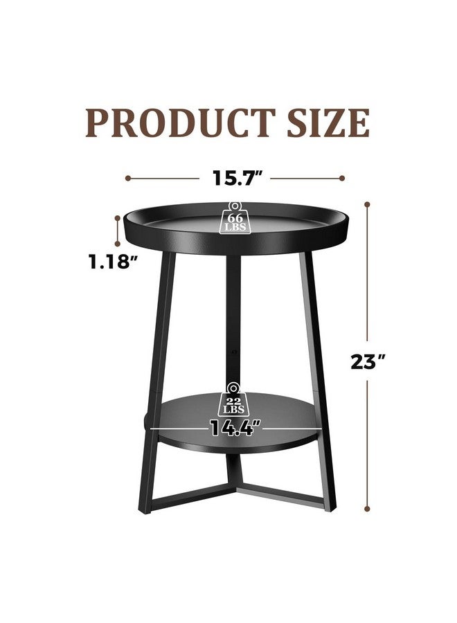Gadroad Round End Table with Storage Shelf, 2 Tier Farmhouse Side Table Nightstand for Living Room, Bedroom, Wood Tabletop & Black Metal Frame, Black 15.7 * 15.7 * 23.0inches - Image 2